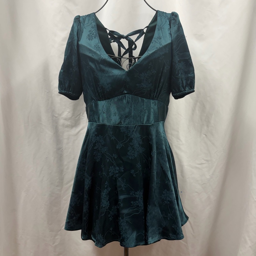 Allison & kelly floral emerald green silky mini dress size M